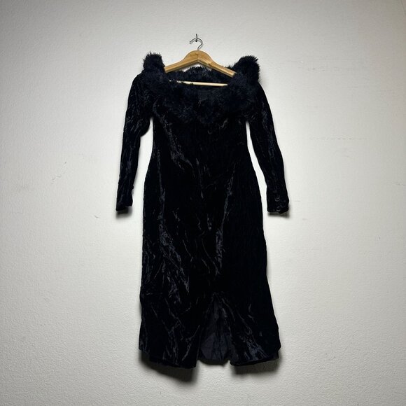 VTG Tadashi Classic Faux Fur Velvet Rayon Dress Long Women 12 USA Made Black - Picture 1 of 15